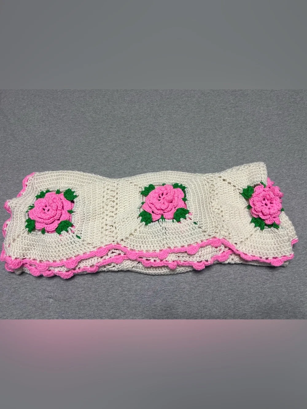 Vintage Handmade Crochet 3D Rose Afghan Blanket – Pink Floral Granny Square